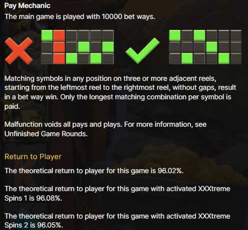 Wild Mining XXXtreme slot game pay mechanic and return to player